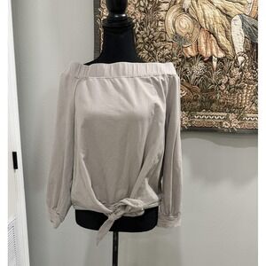 Essue Blouse Womens Large Beige Off Shoulder Tie Front Long Sleeve Cotton Jersey